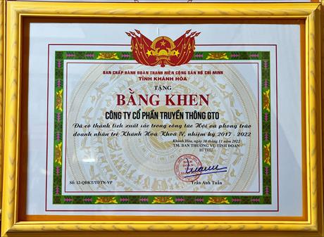 Công ty CP Truyền thông GTO vinh dự nhận Bằng khen của Tỉnh Đoàn Khánh Hòa, Hội Doanh nhân trẻ Việt Nam và của Hội Doanh nhân trẻ Khánh Hòa